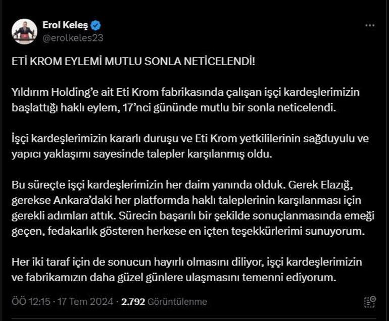 Elazığda maden işçilerinin talepleri karşılandı, yeniden üretim başladı