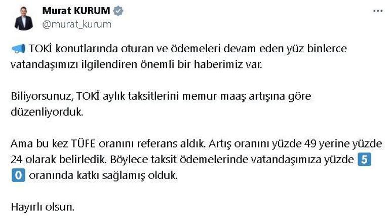 Bakan Kurum: TOKİ taksitlerine yüzde 50 katkı sağladık