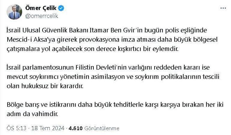 AK Partili Çelik: İsrailli bakanın provokasyonu son derece kışkırtıcı bir eylem