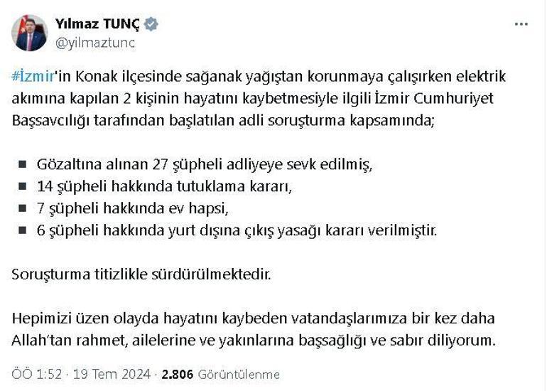 İzmir’de akıma kapılan 2 kişinin ölümüyle ilgili 27 şüpheliden 14ü tutuklandı