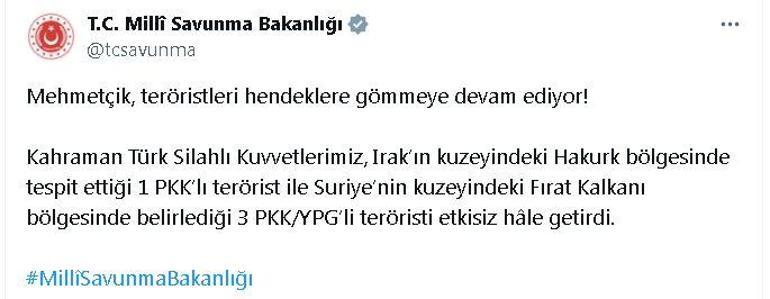 MSB: Irak ve Suriyenin kuzeyinde 4 terörist etkisiz hale getirildi