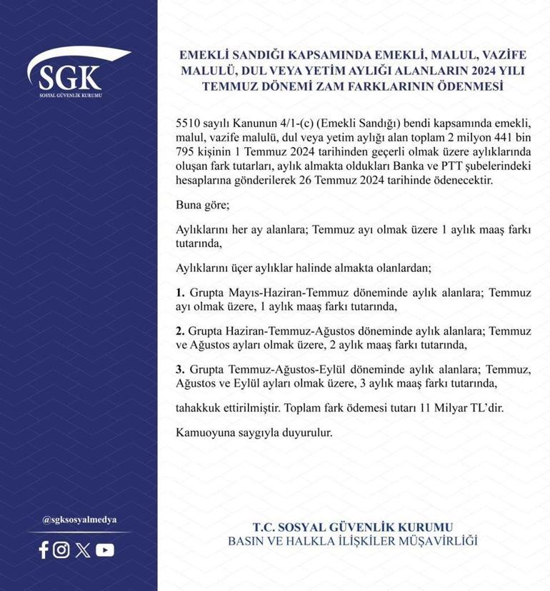 SGK: Emekli Sandığı fark ödemeleri 26 Temmuzda yatırılacak