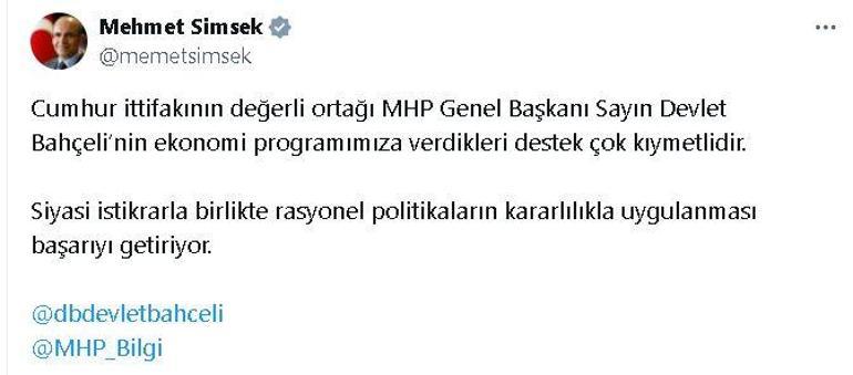 Bakan Şimşek: Bahçelinin ekonomi programımıza desteği kıymetlidir