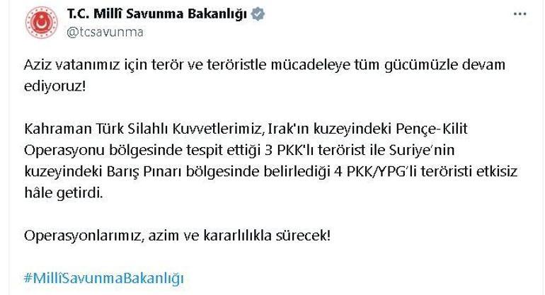 MSB: Irak ve Suriyenin kuzeyinde 7 terörist etkisiz hale getirildi