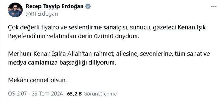 Cumhurbaşkanı Erdoğandan Kenan Işık için taziye mesajı