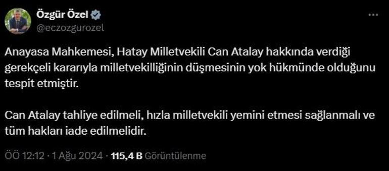 Resmi Gazetede yayımlanan AYM kararı; Can Atalayın milletvekilliğinin düşürülmesi yok hükmünde