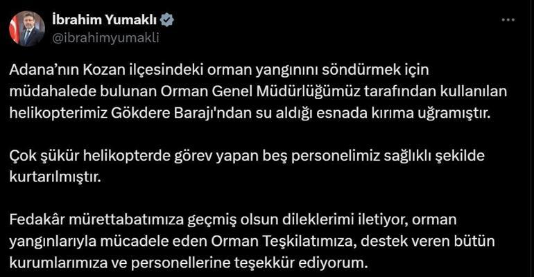 Adanada yangına müdahale için barajdan su alan helikopter düştü; 5 mürettebatın durumu iyi