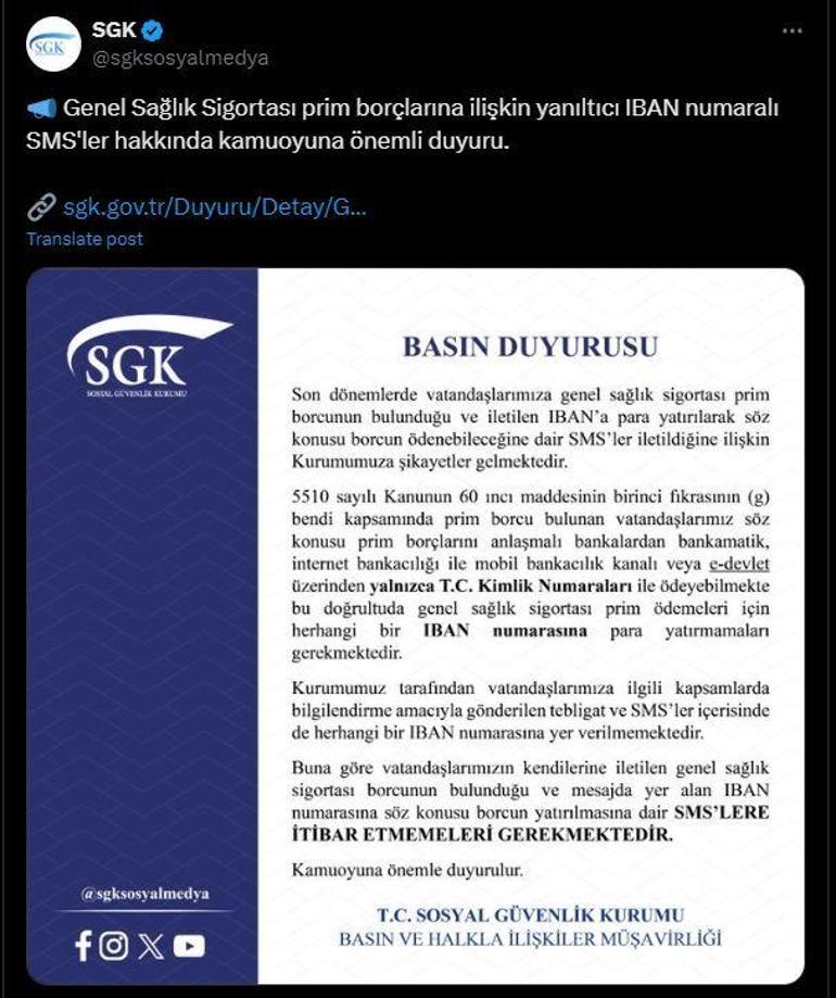 SGKdan yanıltıcı SMSlere yönelik uyarı