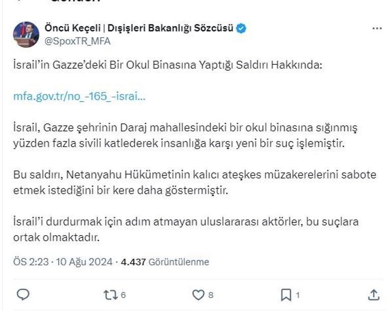 Dışişleri Sözcüsü Keçeli: İsrail, insanlığa karşı yeni bir suç işlemiştir