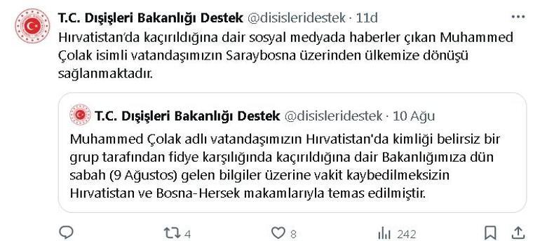 Dışişleri: Hırvatistanda kaçırılan vatandaşımızın ülkemize dönüşü sağlanmaktadır