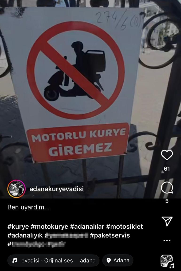 Sipariş götüren motokuryeden, Motorlu kurye giremez uyarısına motosiklet tepkisi