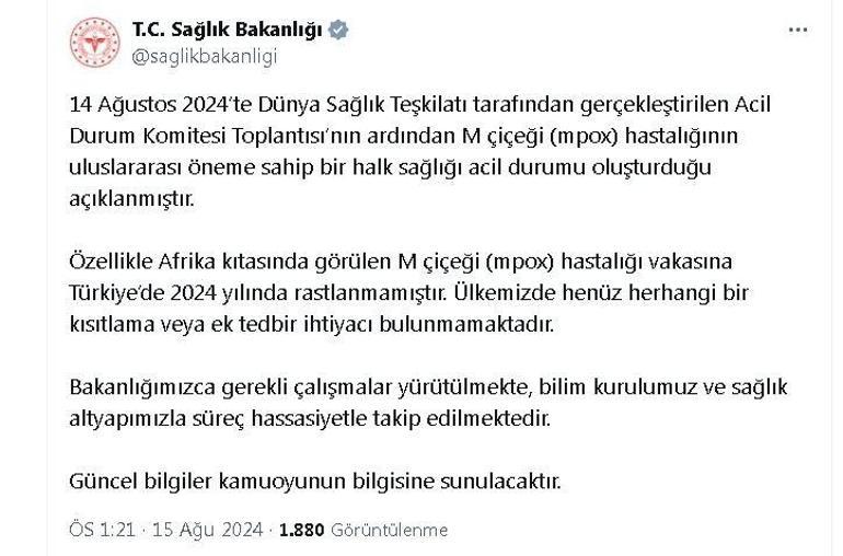 Sağlık Bakanlığı: Ülkemizde M çiçeği ile ilgili kısıtlama ihtiyacı yok