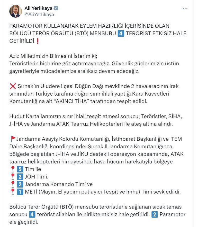 Şırnakta paramotorlu 4 terörist etkisiz hale getirildi