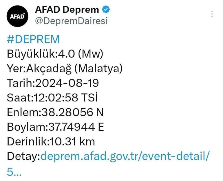 Malatyada 4 büyüklüğünde deprem