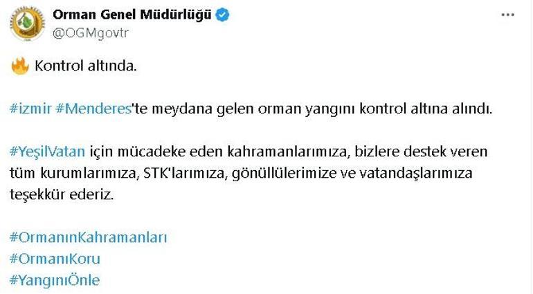 OGM: İzmir Menderesteki orman yangını kontrol altına alındı