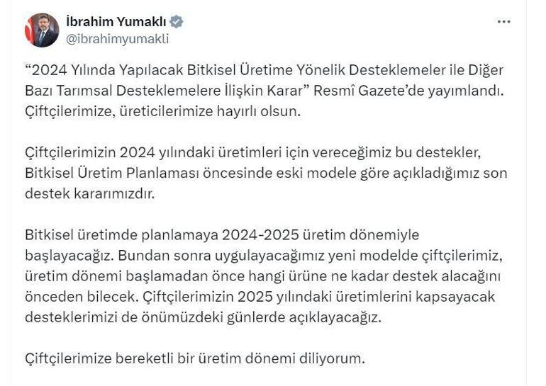 Bakan Yumaklı: Çiftçilerimiz, hangi ürüne ne kadar destek alacağını önceden bilecek