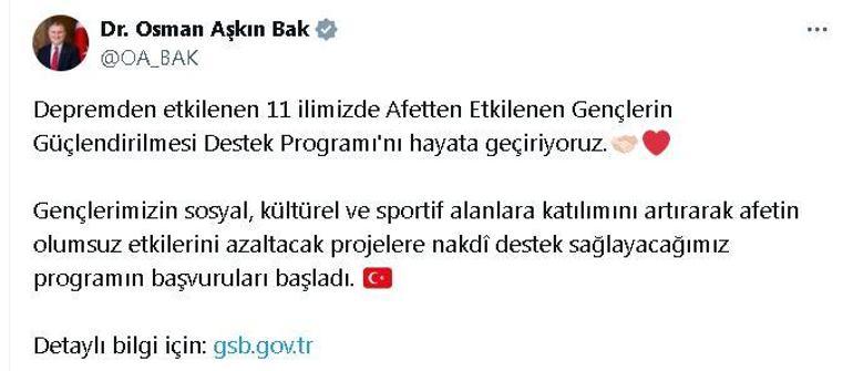 Deprem bölgesindeki gençlerin desteklenmesi programına başvurular başladı