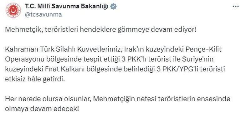 MSB: Irak ve Suriyenin kuzeyinde 6 terörist etkisiz hale getirildi