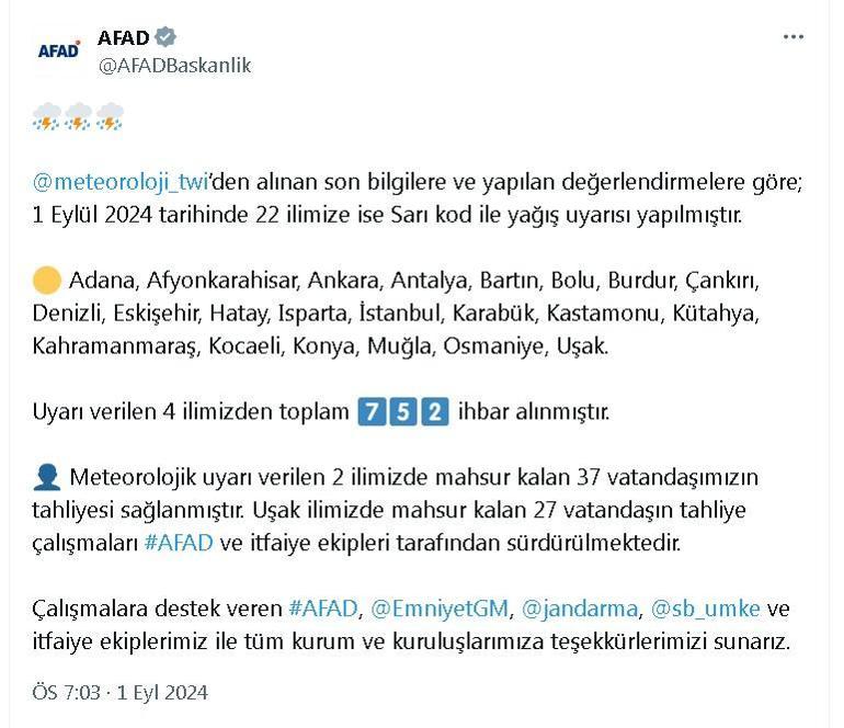 AFAD, 22 kent için Sarı kod ile yağış uyarısı yapıldığını açıkladı