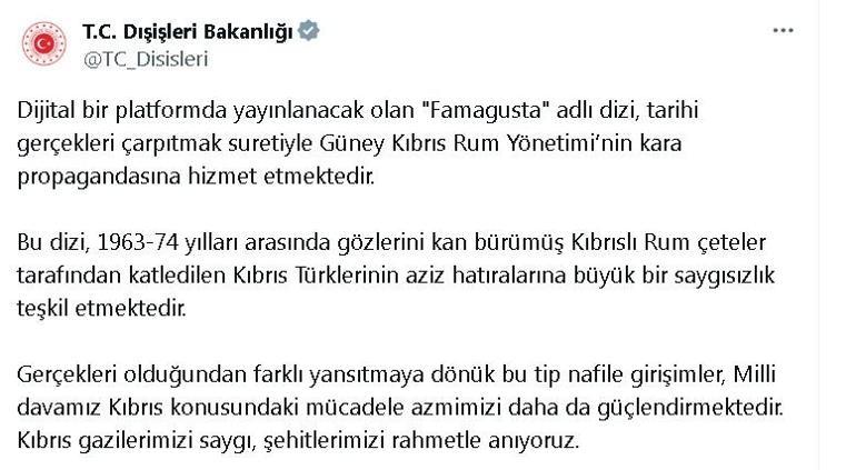 Dışişleri: Famagusta adlı dizi, Güney Kıbrıs Rum Yönetiminin kara propagandasına hizmet etmektedir