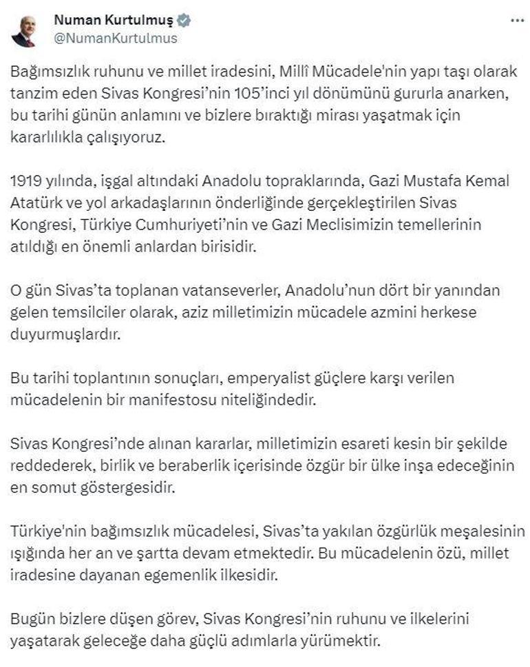 TBMM Başkanı Kurtulmuştan Sivas Kongresi mesajı