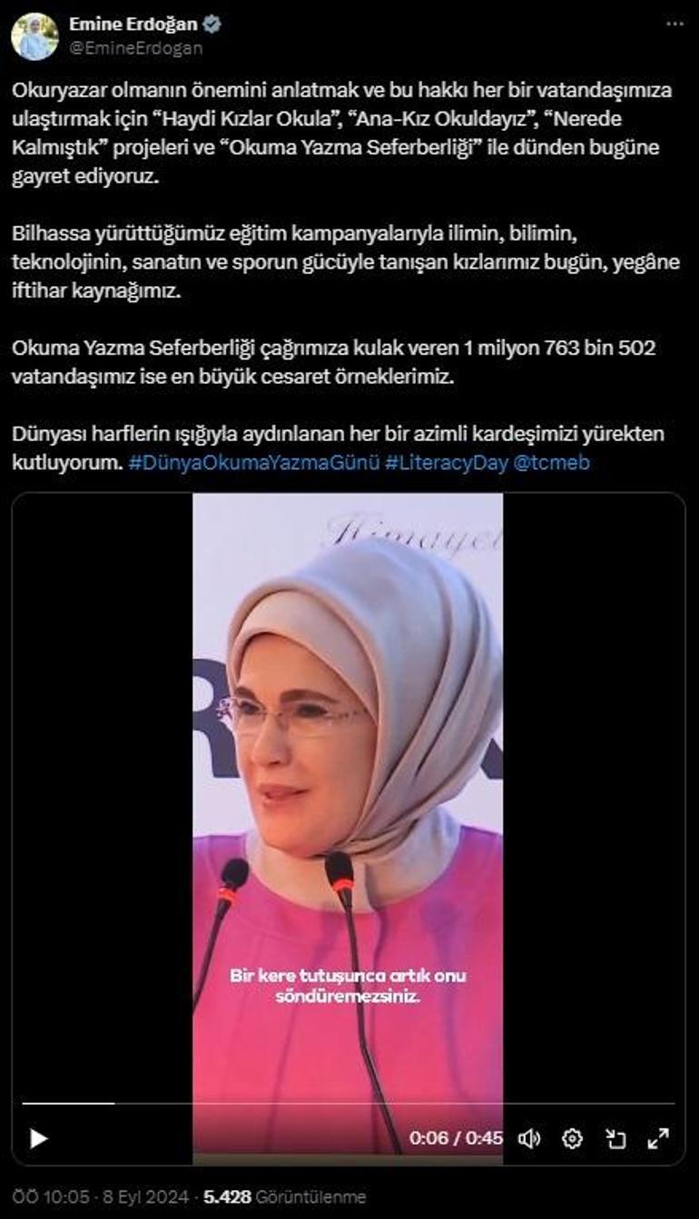 Emine Erdoğandan 8 Eylül Dünya Okuma Yazma Günü paylaşımı