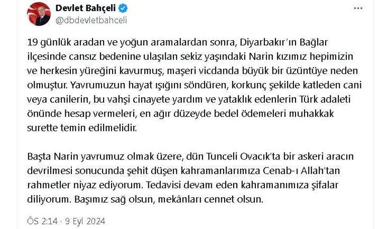 Bahçeli: Narini katledenlerin en ağır bedeli ödemeleri temin edilmelidir