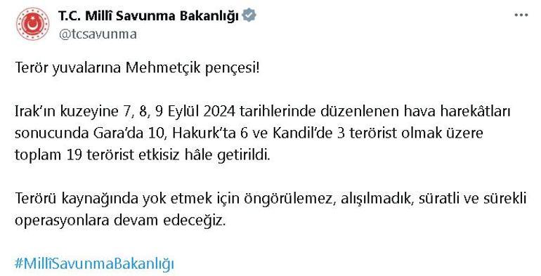 MSB: Irakın kuzeyinde 19 terörist etkisiz hale getirildi