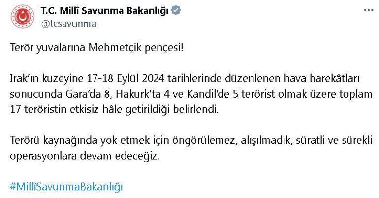 MSB: Irakın kuzeyinde 17 terörist etkisiz hale getirildi