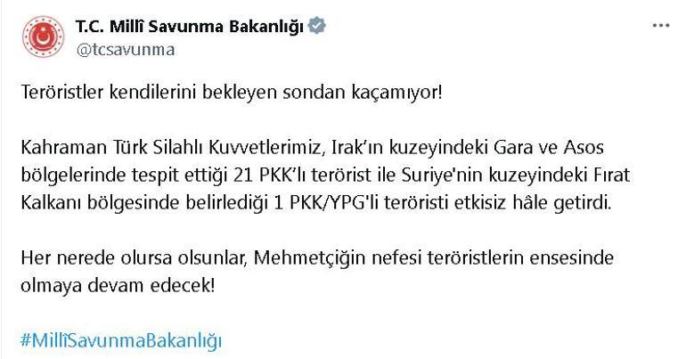 MSB: Irak ve Suriyenin kuzeyinde 22 terörist etkisiz hale getirildi