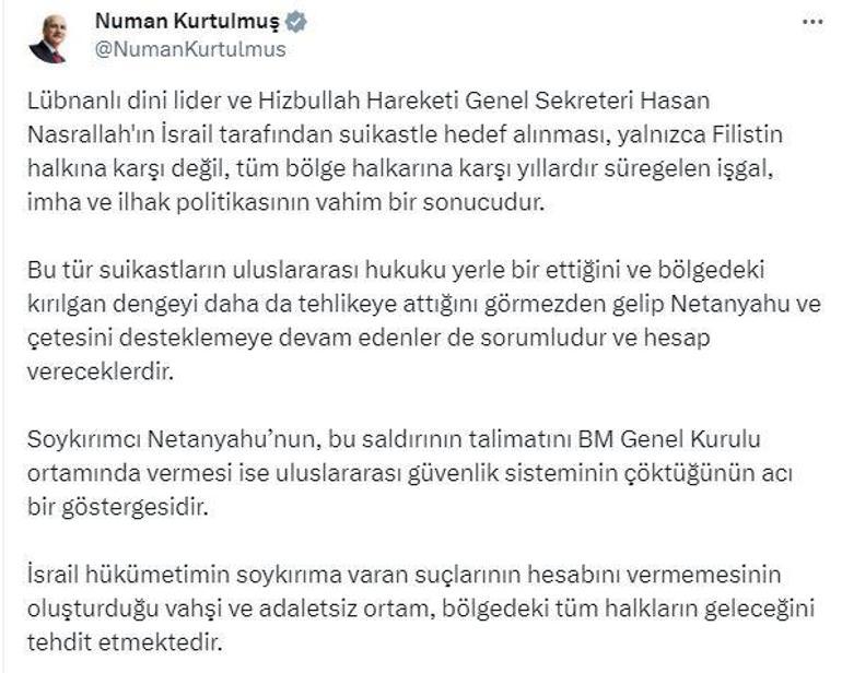 Kurtulmuş: Nasrallahın hedef alınması işgal politikasının vahim sonucudur