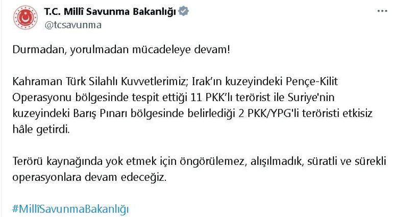 MSB: Irak ve Suriyenin kuzeyinde 13 terörist etkisiz hale getirildi