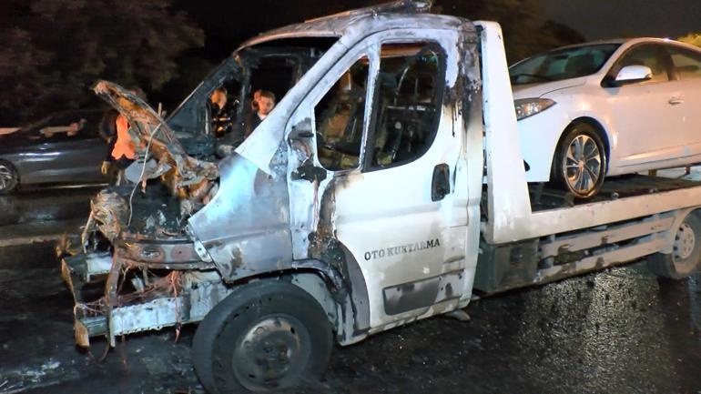 Beykoz TEM Otoyolunda hasarlı araç taşıyan çekici alev alev yandı