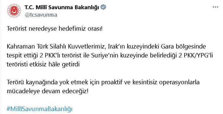 MSB: Irak ve Suriyenin kuzeyinde 4 terörist etkisiz hale getirildi