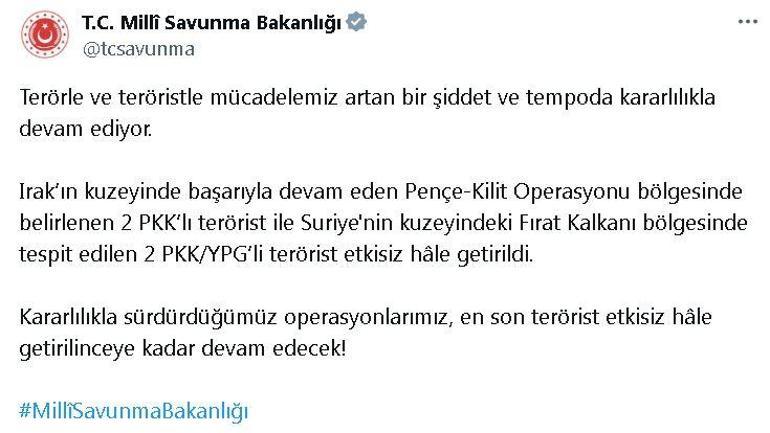 MSB: Irak ve Suriyenin kuzeyinde 4 terörist etkisiz hale getirildi