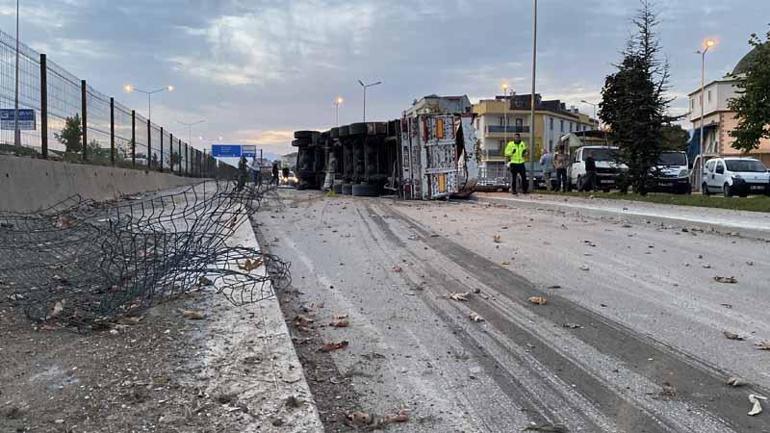 Kaldırımı ve koruma tellerini aşan TIR, tali yola düştü; şoför yaralandı