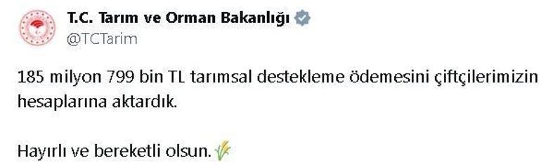 Bakanlık: 185,7 milyon lira tarımsal destekleme ödemesi çiftçilerin hesaplarına aktarıldı