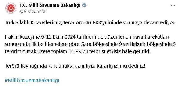 MSB: Irakın kuzeyinde 14 terörist etkisiz hale getirildi