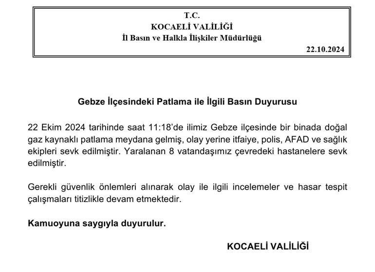 Gebzede apartmanda doğal gaz kaynaklı patlama; 1 ölü, 7 yaralı