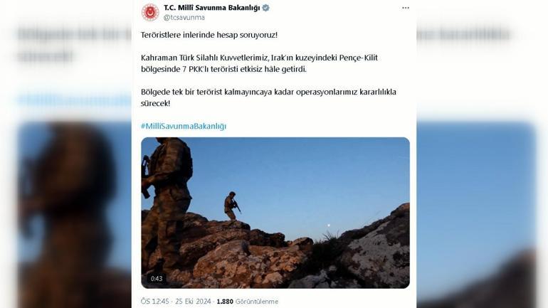 MSB: Irakın kuzeyinde 7 terörist etkisiz hale getirildi