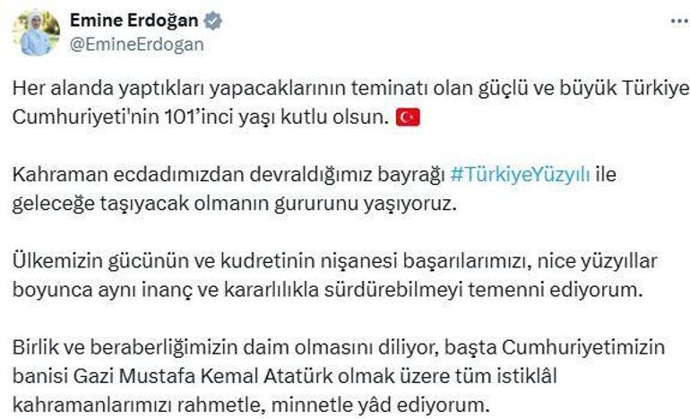 Emine Erdoğandan Cumhuriyet Bayramı mesajı