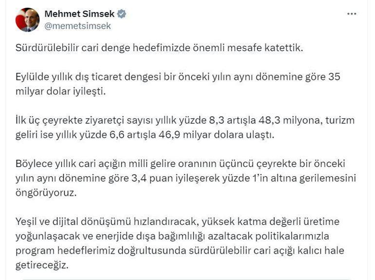 Bakan Şimşek: İlk üç çeyrekte turizm geliri 46,9 milyar dolara ulaştı