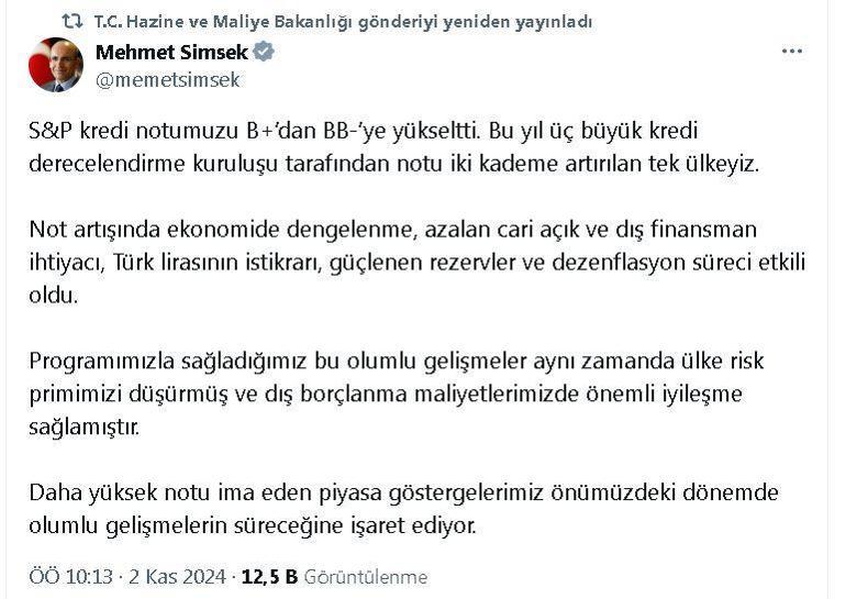 Bakan Şimşek: S&P, kredi notumuzu B+dan BB-ye yükseltti