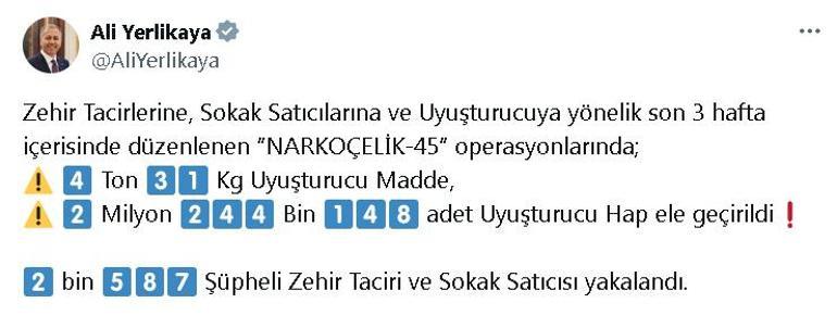 77 ildeki Narkoçelik-45 operasyonlarında 2 bin 587 şüpheli yakalandı