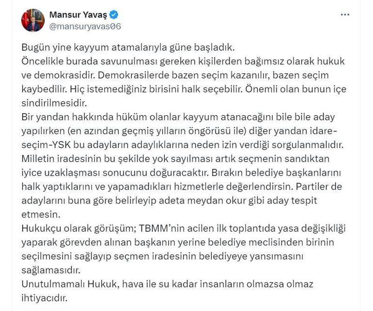 Mansur Yavaş: Seçmen iradesinin belediyeye yansıması sağlanmalı