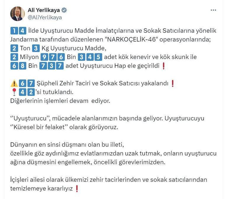 14 ildeki Narkoçelik-46 operasyonlarında 42 tutuklama