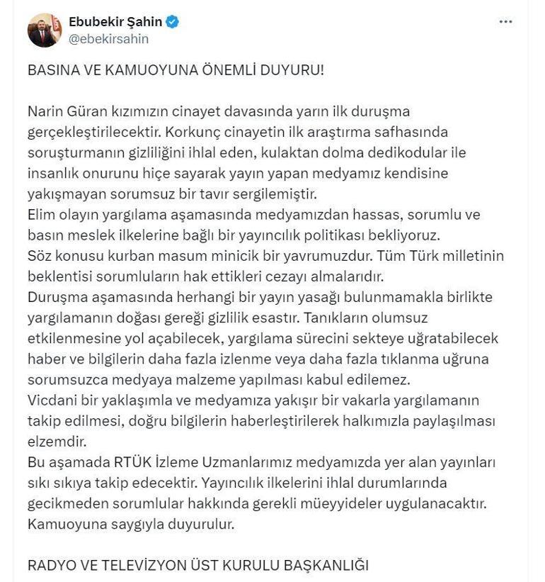 RTÜK Başkanı Şahinden Narin Güran davası açıklaması