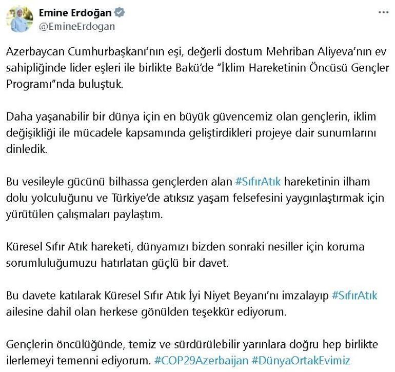 Emine Erdoğan, COP29da iklim gönüllüsü gençlerle bir araya geldi