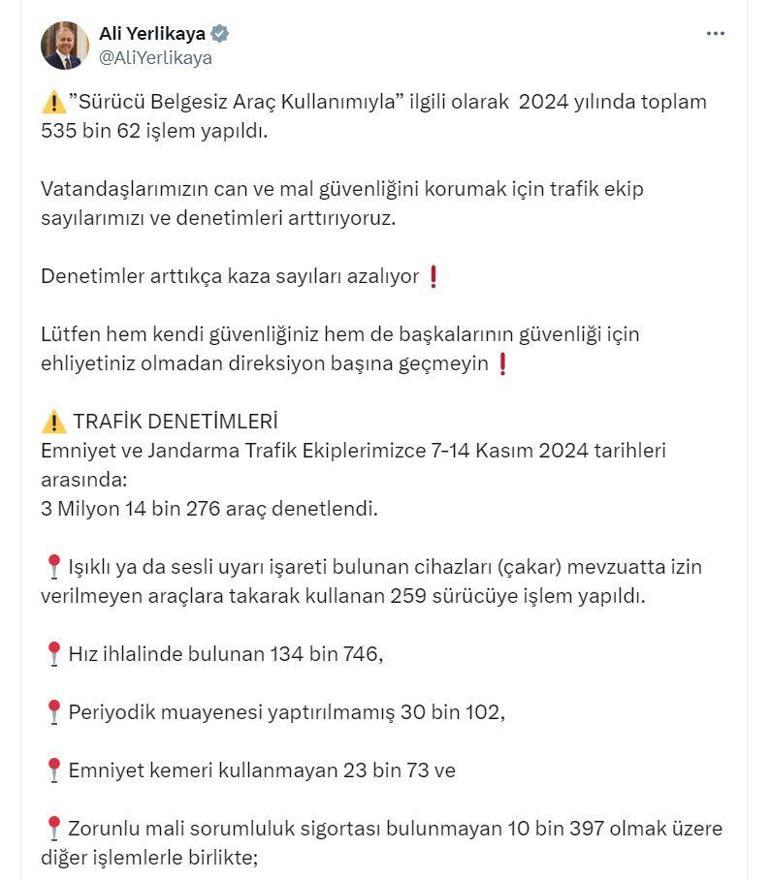 3 milyon 14 bin araçta denetim; 483 bin sürücüye ceza