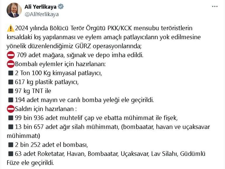 Bakan Yerlikaya: PKK/KCKya ait 709 mağara ve sığınak imha edildi